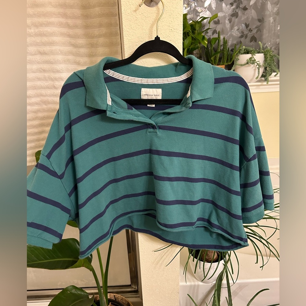 American Eagle Outfitters Teal and Navy Crop Polo